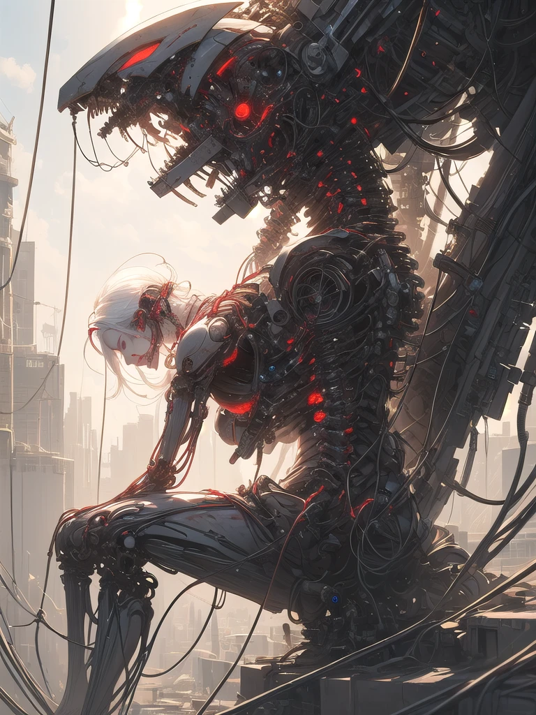 ((((masterpiece))), ((best quality))), ((ultra-detailed)), (CG illustration), ((an extremely delicate and beautiful)),(from side),cinematic light, ((1 mechanical girl)), single, full-body, (machine-made joint: 1.2), ( (mechanical limbs)), (blood vessels connected to tubes), (mechanical spine connected to back), ((mechanical cervical vertebrae attached to neck)), (sitting), forced laughter, (wires and cables around the neck: 1.2), (wires and cables on the head: 1.2) (character focus), sci-fi, extremely thin, colored, the finest white hair, red eyes, in battle, (knotted), (killing), (1 immortal)