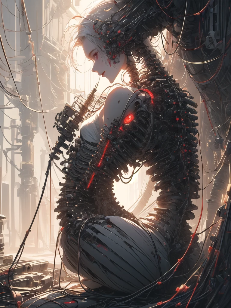 ((((masterpiece))), ((best quality))), ((ultra-detailed)), (CG illustration), ((an extremely delicate and beautiful)),(from side),cinematic light, ((1 mechanical girl)), single, full-body, (machine-made joint: 1.2), ( (mechanical limbs)), (blood vessels connected to tubes), (mechanical spine connected to back), ((mechanical cervical vertebrae attached to neck)), (sitting), forced laughter, (wires and cables around the neck: 1.2), (wires and cables on the head: 1.2) (character focus), sci-fi, extremely thin, colored, the finest white hair, red eyes, in battle, (knotted), (killing), (1 immortal)