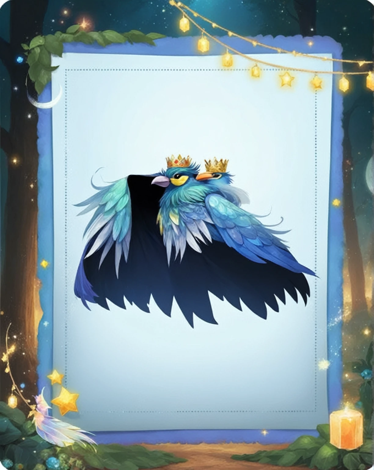 A cartoon picture of a bird with a crown on its head, mage robe based on a toucan, Flowing Magic Robe, Star witch clothes, wispy gigantic wings, Azure Cape, Moon Themed Clothing, Duelist Style, Peacock mage themed clothes, feathered robe, Exquisite and handsome wings, Blue cape, Blue cape
