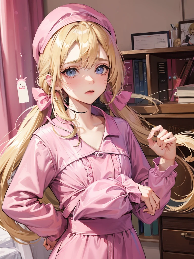 an adult woman, blonde with two pigtails with a bow each pink, pink jumpsuit dress, she has blue eyes, a pink hat on her head, she is upset in her room 