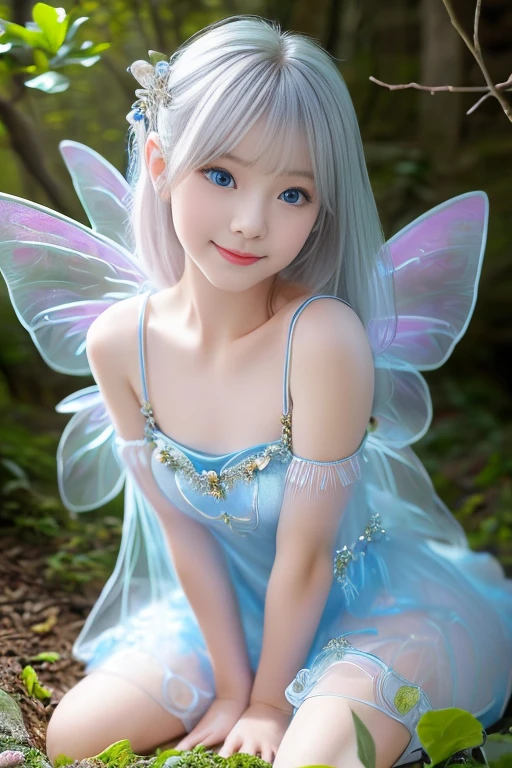 ,8k,POV,((SUZU)),anatomically correct,accurate,ultra-detailed,best quality, masterpiece, ultra high res, (realistic:1.4), RAW photo,looking at viewer,blue eyes:1.5,white hair:1.5,A troubled smile,flat chest,short stature:1.5,(((Cute face))),,pale skin,,輝く目:1.3,dwelling place of hermits, gardens, ,(((see-through:1.2,short fairy dress:1.4))),(Sitting with Knees Up on, spread legs:1.2),(cowgirl position, open legs:1.1), ,,(front angle:1.2),from bottom:1.6,,low angle full body shot,,,Taken from directly below,front view:1.7,Super detailed beautiful eyes,hand,turn to face the front:1.5,fingertip,see-through,,cherry tree、fairy dress
