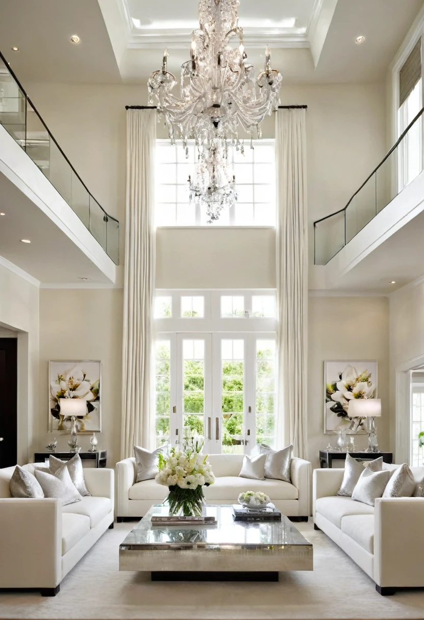 A luxurious living room, awash in a palette of white and cream, exudes a sense of refined elegance. The plush white sofas and armchairs, accented with delicate silver pillows, invite relaxation, while the sleek, modern coffee table and the shimmering crystal chandelier add a touch of sophistication. The large floral artwork on the wall provides a pop of color and adds a touch of nature to the space.