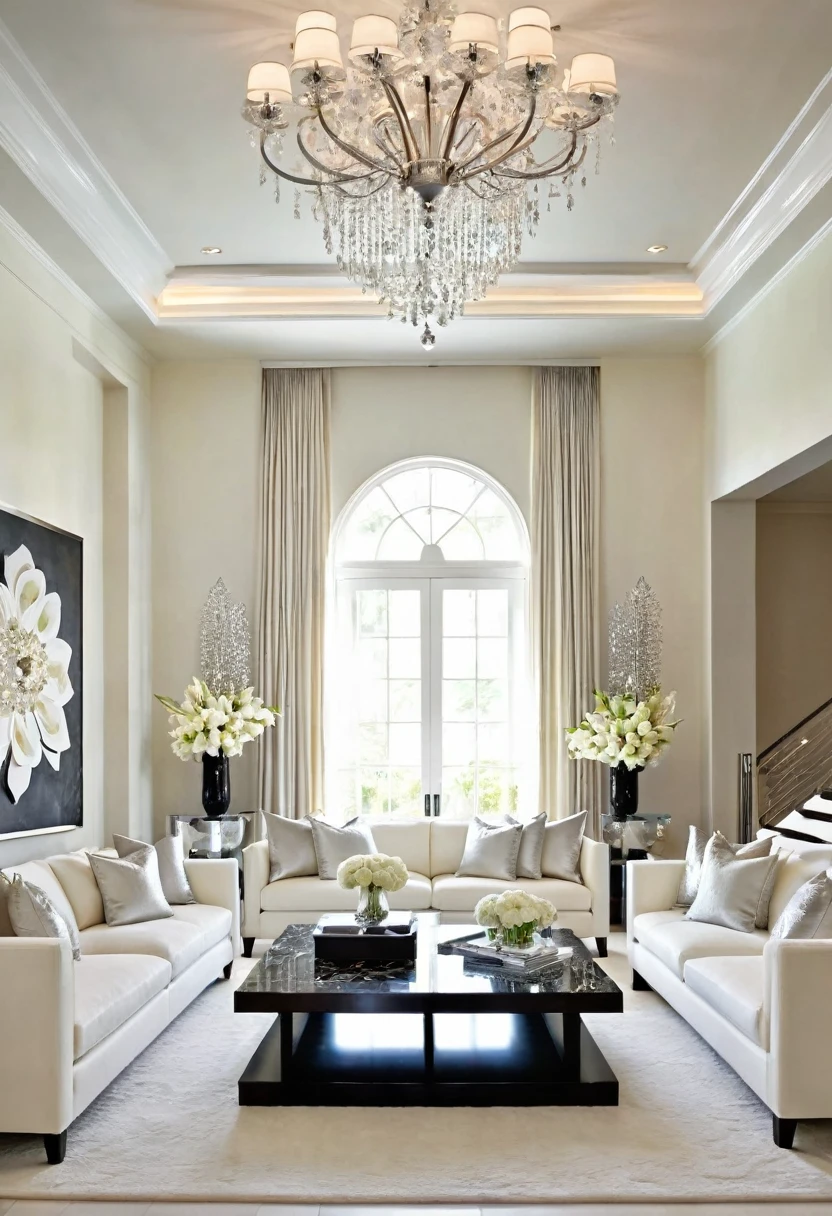 A luxurious living room, awash in a palette of white and cream, exudes a sense of refined elegance. The plush white sofas and armchairs, accented with delicate silver pillows, invite relaxation, while the sleek, modern coffee table and the shimmering crystal chandelier add a touch of sophistication. The large floral artwork on the wall provides a pop of color and adds a touch of nature to the space.