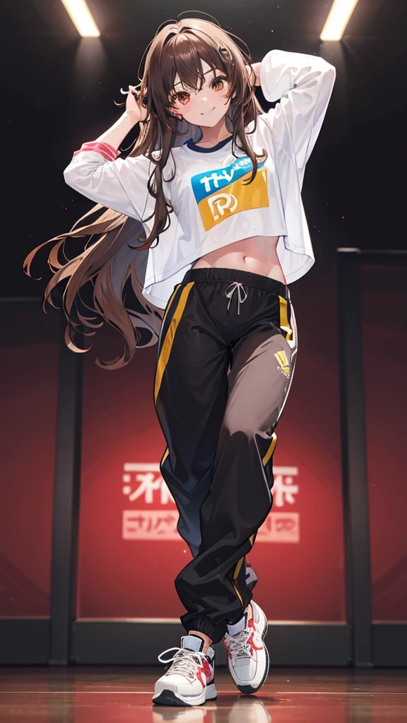 1 confident girl smiling and dancing hip hop style alone, long wavy brown hair, brown eyes, baggy single color shirt and baggy pants and sneakers, dancing in a dance studio, looking at viewer, blurry background, vibrant colours, fully visible, (perfect hand), (perfect fingers), hands behind head