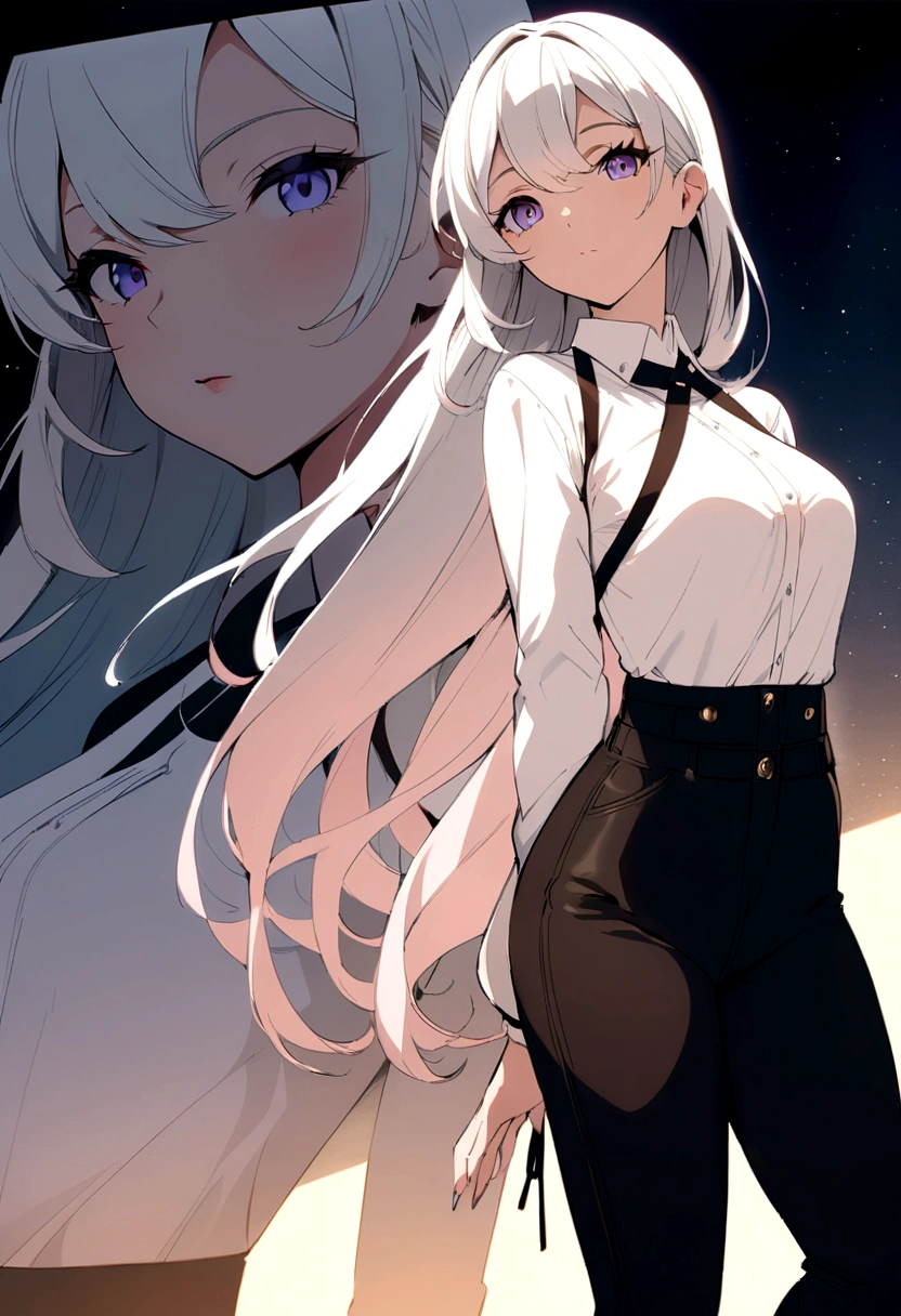 Masterpiece, dynamic composition, full-color poster, anime style, beautiful girl, anime style, long waist, low waist, beautiful low waist, beautiful face, beautiful body, low pants, white shirt, black tight pants, attractive woman, elegant girl, stylish outfit, slim waist, fashionable outfit, attractive appearance, cute anime character, trendy fashion, seductive figure, graceful posture, attractive silhouette, stunning beauty