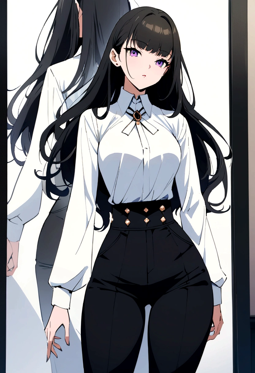 Masterpiece, dynamic composition, full-color poster, anime style, beautiful girl, anime style, long waist, low waist, beautiful low waist, beautiful face, beautiful body, low pants, white shirt, black tight pants, attractive woman, elegant girl, stylish outfit, slim waist, fashionable outfit, attractive appearance, cute anime character, trendy fashion, seductive figure, graceful posture, attractive silhouette, stunning beauty