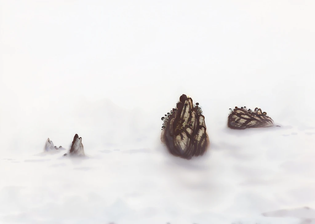 There are some rocks and some small stones in the water, pumice, Floating mountains, Jagged rocks, with Jagged rocks and weird, Long-term contact 8 k, with Jagged rocks & weird, Long-term contact, author:Matthias Wescher, author Etienne Delessert, Long-term contact shot, floating in fog, Floating Magic Rock, Ethereal Landscape