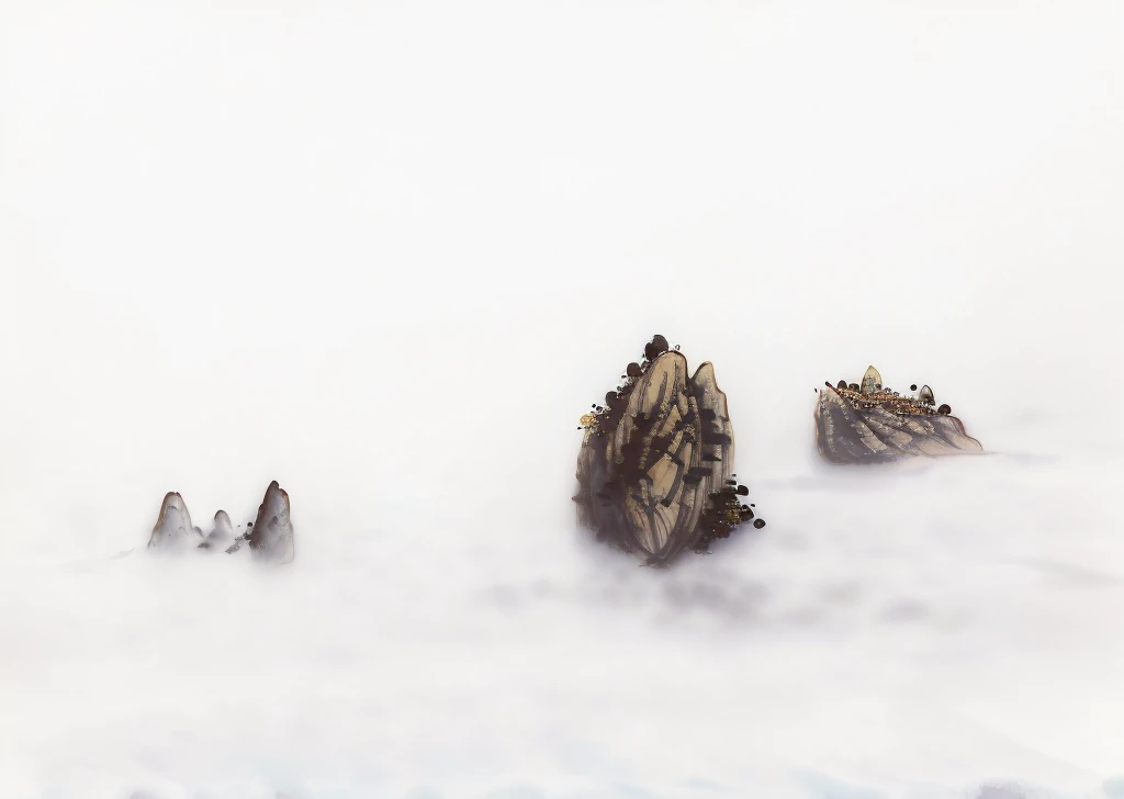 There are some rocks and some small stones in the water, pumice, Floating mountains, Jagged rocks, with Jagged rocks and weird, Long-term contact 8 k, with Jagged rocks & weird, Long-term contact, author:Matthias Wescher, author Etienne Delessert, Long-term contact shot, floating in fog, Floating Magic Rock, Ethereal Landscape