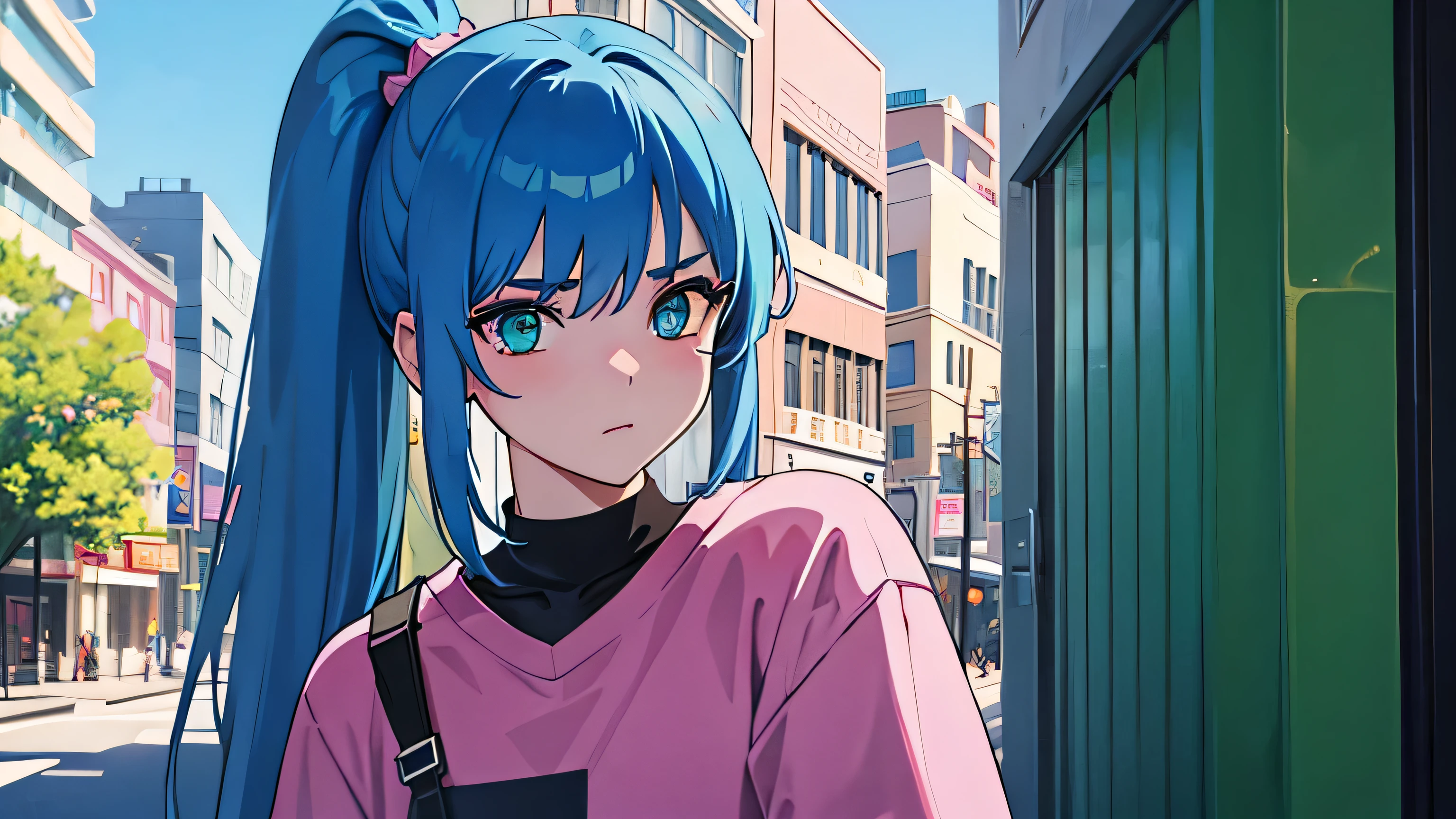 One girl, pony tail, blue_hair, green_eyes, pink_lights, street clothes