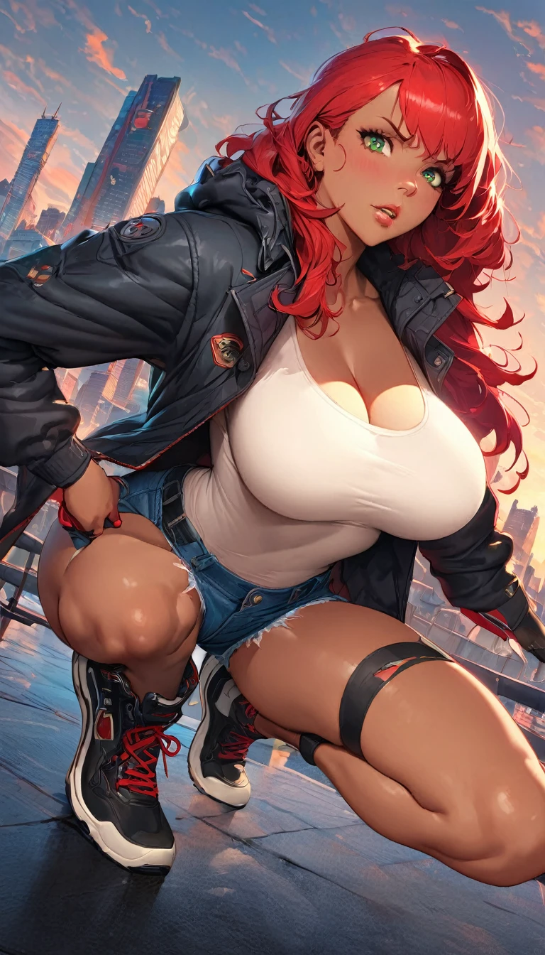 best quality,4k,8k,highres,masterpiece:1.2),ultra-detailed, extremely detailed eyes, extremely detailed body, (large masterpiece digital art), (detailed manga illustration), (detailed line art), ((perfect anatomy)), (intricate details:1.3), (ultra-detailed:1.3), (illustration:1.3), (sharp focus:1.3), (natural lighting:1.05), (vivid colors:1.3), (masterpiece), (best quality:1.4), (perfect anatomy:1.4), high quality, expressive eyes, full body, detailed face, beautiful face, perfect face, 1 girl, breasts, cleavage, gloves, large breasts, ultramarine jacket, very long hair, thigh length hair, ({dark skin}), dark-skinned female, detailed ((red hair)), messy hair, green eyes, gloves, jacket, hourglass physique, casual outfit, denim shorts, sneakers, graphic t-shirt, dynamic lighting, cityscape background curvy, Atey Ghailan, Jeremy Mann, Greg Manchess, Antonio Moro, trend in ArtStation, trend in CGSociety, Intricate, High Detail, Sharp focus, dramatic and photorealistic painting art by Midjourney and Greg Rutkowski, Jeff Bridges, ((cartoon style)), Marvel Cinematic Universe style, (((Boston in the background))), soft bokeh of Boston