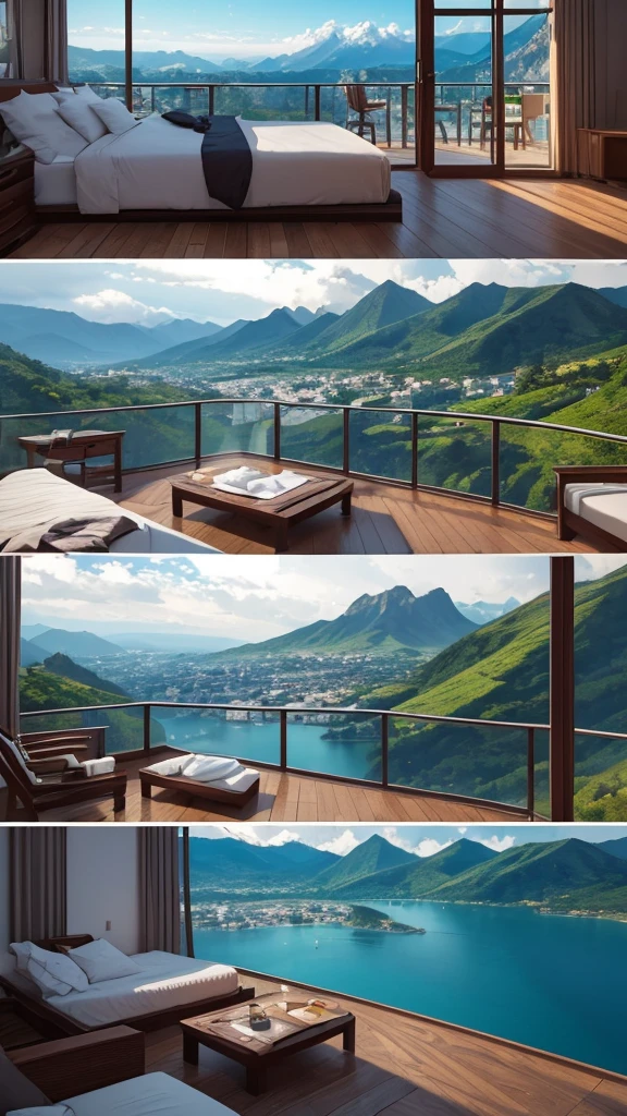 (masterpiece,Highest quality:8K) Affordable bedroom with mountain views and balcony, Beautiful views, A soothing and comfortable landscape, Detailed view, Instagram photos Nice views, beautifully、aesthetic, Beautiful nature in the background, Amazing scenery in the background, 8K Photorender Reality Engine, Beautiful views, Overlooking the valley, Nice views, beautiful place, paradise in the background