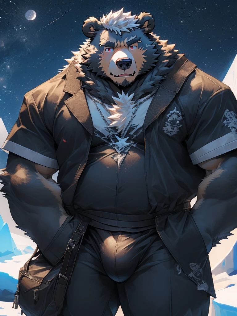 (Super detailed), Sharp focus,hairy, Gray fur, White beard, White hair,Blood red eyes,human nature (北极Bear:1.3), male, Old face, Gray body, White belly, Muscular ,(Crotch bulge:1.5),(Big Bag:1.5),Super detailed的脸,(dishevelled:1.4),(best quality), (masterpiece), High Detail, high quality,High resolution,16K,(Bear:1.3),(scar:0.6),Cold expression,(slight fat:1.1),((Dark night iceberg background))