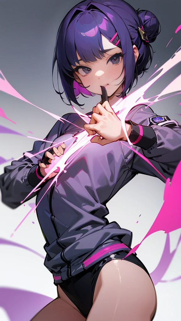 Top Quality, 8K, 4K, High Definition, Detail, (better-quality, 8K, 12), top-quality, 1 girl、purple short bob hair clip tied into a bun、black eyes、small breasts、uniform、gray jacket with pink line, fingerless gloves、thighs、Ilcha fousing on her, surprise face, having her hands her face, making cute surprise expressing. picture pose, she is standing up, she has a loil pop in her mouth, (she up close only showing face and her chest.)
