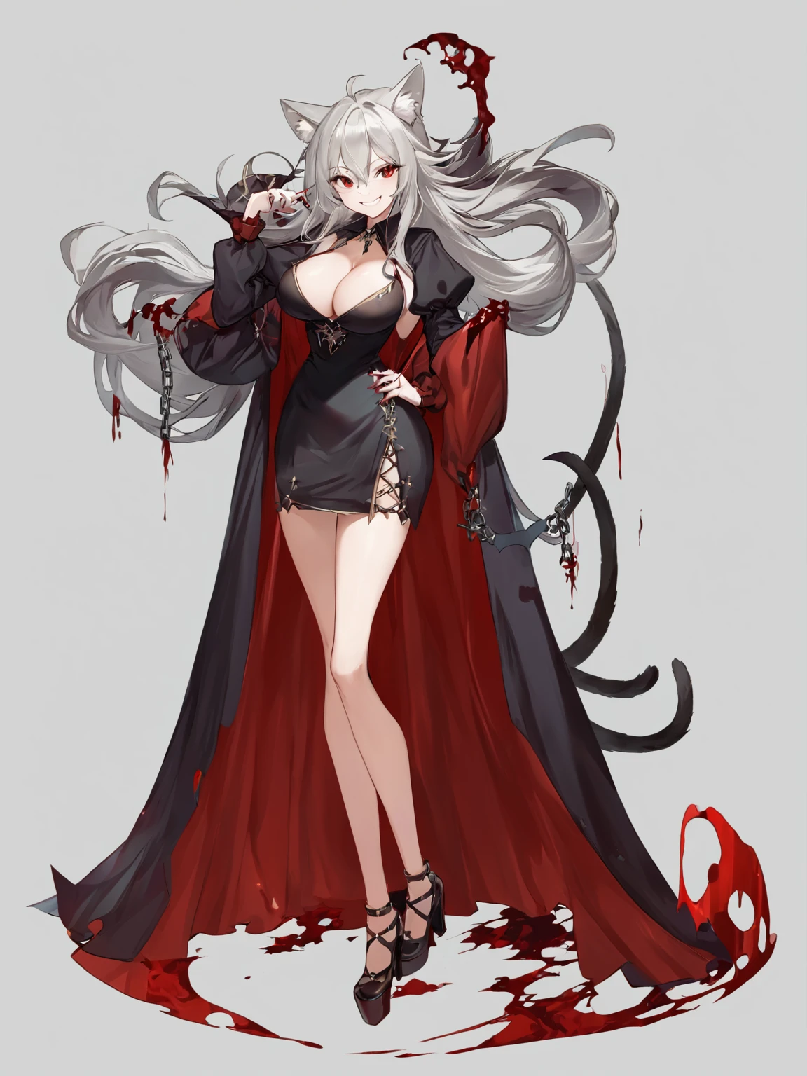 1girl, solo, red eyes, bat (animal), breasts, vampire, cape, dress, grey background, feather trim, fingernails, black dress, cleavage, simple background, full body, hair between eyes, floating, looking at viewer, long hair, closed mouth, black cape, standing, grey hair, blood, fur trim, long fingernails, white hair, smile, medium breasts, long sleeves, puffy sleeves, long dress, red cape