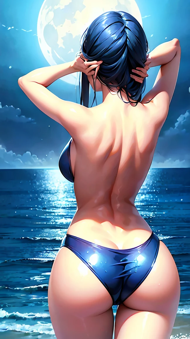 ((Highest quality、masterpiece、8K、Realistic、超High resolution、Very delicate and beautiful、High resolution、Cinema Lighting))、hourglass figure:1.6、At the sea in the moonlight、((A woman is combing her hair:1.6)), ((Back view:1.8)), ((look back:1.6)), She has long hair、The hair is wet with water drops。(Fascinating swimwear design:1.8、Drops of water glisten on her back)。In the background you can see the clear blue sky and the moon.、The surface of the water is undulating、shining brightly。The woman's pose is natural and relaxed.、The overall atmosphere is like a refreshing summer day.