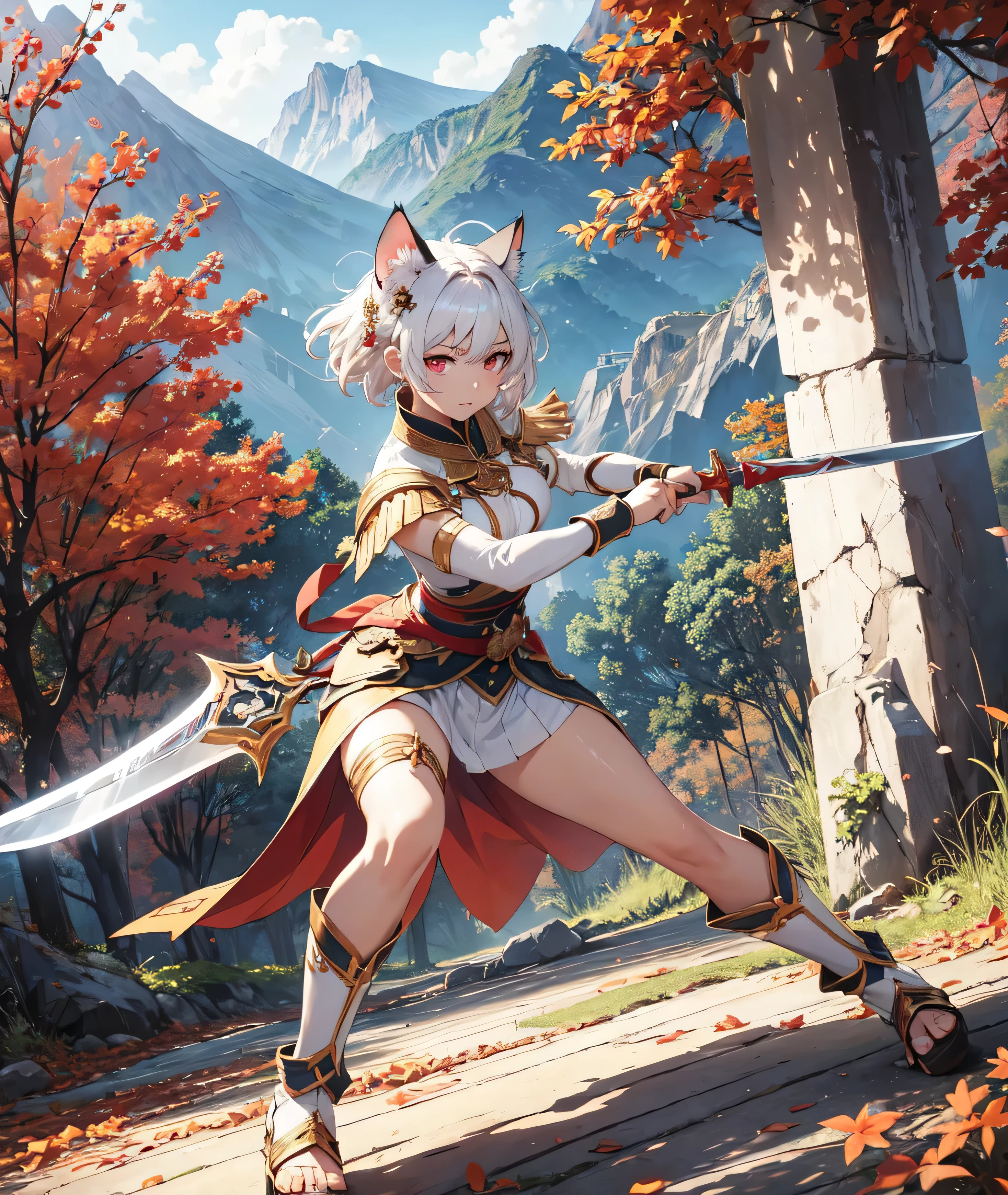 beautiful and delicate girl, clear and beautiful, Make your character the main point of view, glowing skin, female, 20 years old, Short hair, shortcut, Short hair, Beautiful and delicate glass hair, 칼을 휘두르는 female warrior 포즈, 크고 colorful swords, weapon, Attack moves to defeat enemies, full body pose, two handed sword, big knife, colorful swords ((greek costume, 2 Costume colors, white background, Red 패턴)) ((Clothes color White background, Red 패턴)) ((Double color, White, Red)) ((Use only two colors of clothing, White, Red))beautiful and delicate eyes, purple eyes, moderate chest, real skin texture, Very nice 8KCG wallpaper, Very cool 8K CG wallpaper, Watercolor (middle), female warrior, light orange hair, (((upper body cut))), (((Cat's ears dark 보라색))), (((dark, dark 밤, midnight))) (((nature background, mountain, wood))), ((outdoors)) Dynamic fighting stance with a sword, I can see my whole body, angle seen from a distance, Zoom out, 신foot, foot,