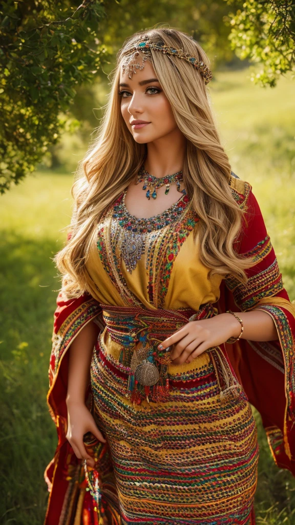 beautifull hot german blonde, robe kabyle, berber, amazigh dress, kabyledress, tizi ouzou, berber outfit, kabylegirl, bijoux, nature background, realistic, 4k