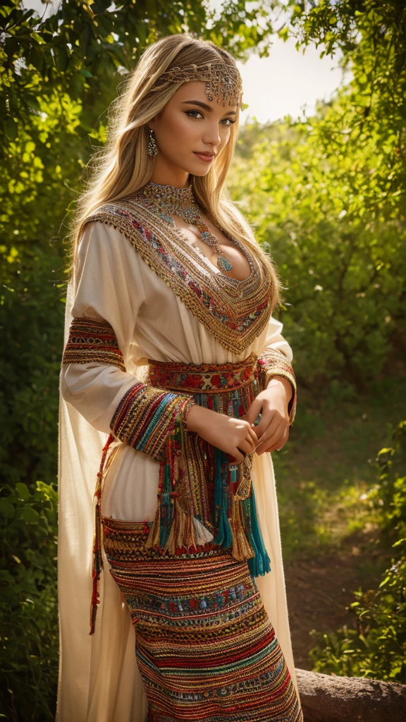 beautifull hot german blonde, robe kabyle, berber, amazigh dress, kabyledress, tizi ouzou, berber outfit, kabylegirl, bijoux, nature background, realistic, 4k