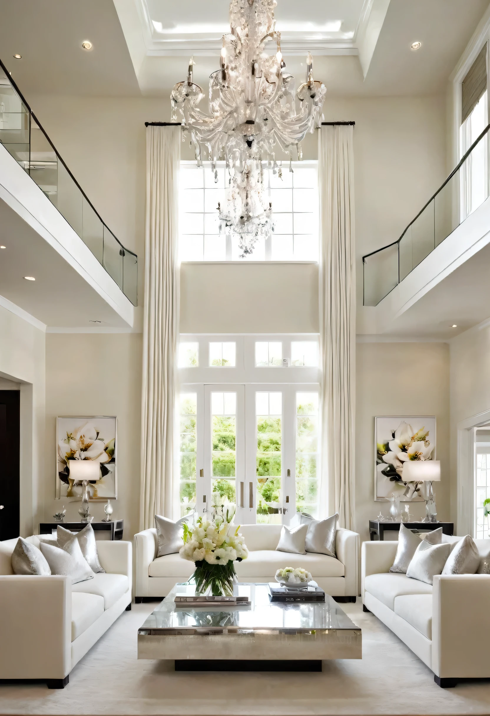 A luxurious living room, awash in a palette of white and cream, exudes a sense of refined elegance. The plush white sofas and armchairs, accented with delicate silver pillows, invite relaxation, while the sleek, modern coffee table and the shimmering crystal chandelier add a touch of sophistication. The large floral artwork on the wall provides a pop of color and adds a touch of nature to the space.