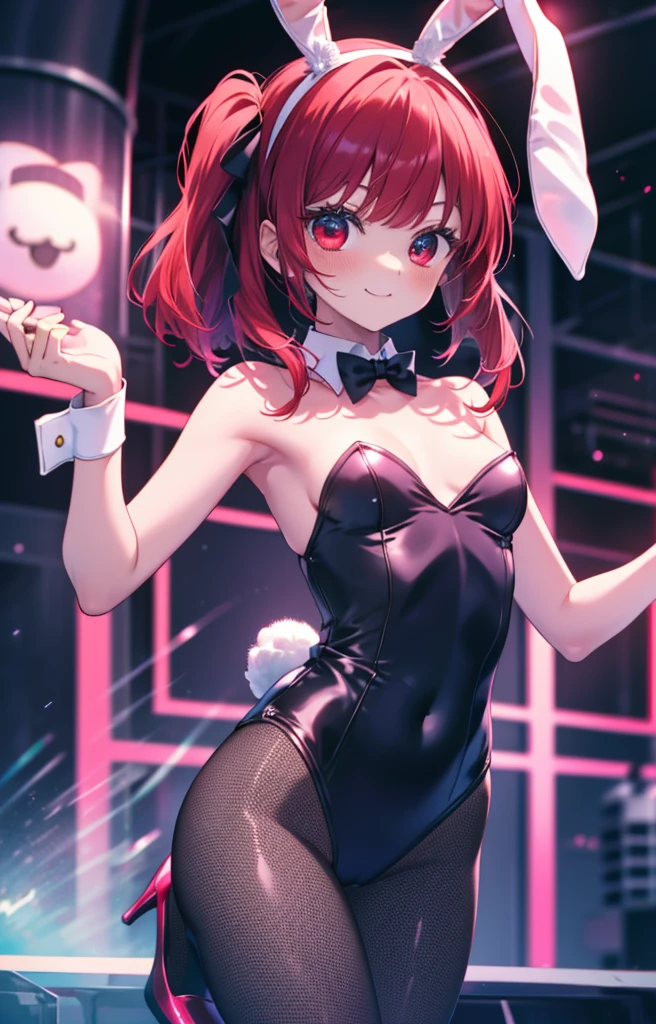 Arima Kana, (Red eyes:1.5), long hair,smile,Redhead,Small breasts,(Bunny girl:1.5),(Black Playboy Bunny:1.0),Bunny ears headband,Fishnet tights,Stiletto heels,Peeking from below,whole bodyがイラストに入るように
break looking at viewer,whole body,
break indoors, stage,
break (masterpiece:1.2), Highest quality, High resolution, unity 8k wallpaper, (shape:0.8), (Beautiful and beautiful eyes:1.6), Highly detailed face, Perfect lighting, Extremely detailed CG, (Perfect hands, Perfect Anatomy),