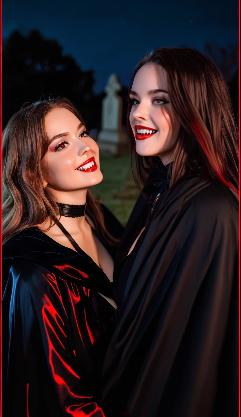 vampire teeth , ((((nighttime))) , 2girls,looking at each other in the eye, long hair , RAW photo, high quality, film grain,simple background, presenting, beautiful, (black and red lined satin cloak tied at the neck:1.20) , biting necks , breasts,big ass, clothes lift,bottomless,  moonlit graveyard , (2girls,yuri), 