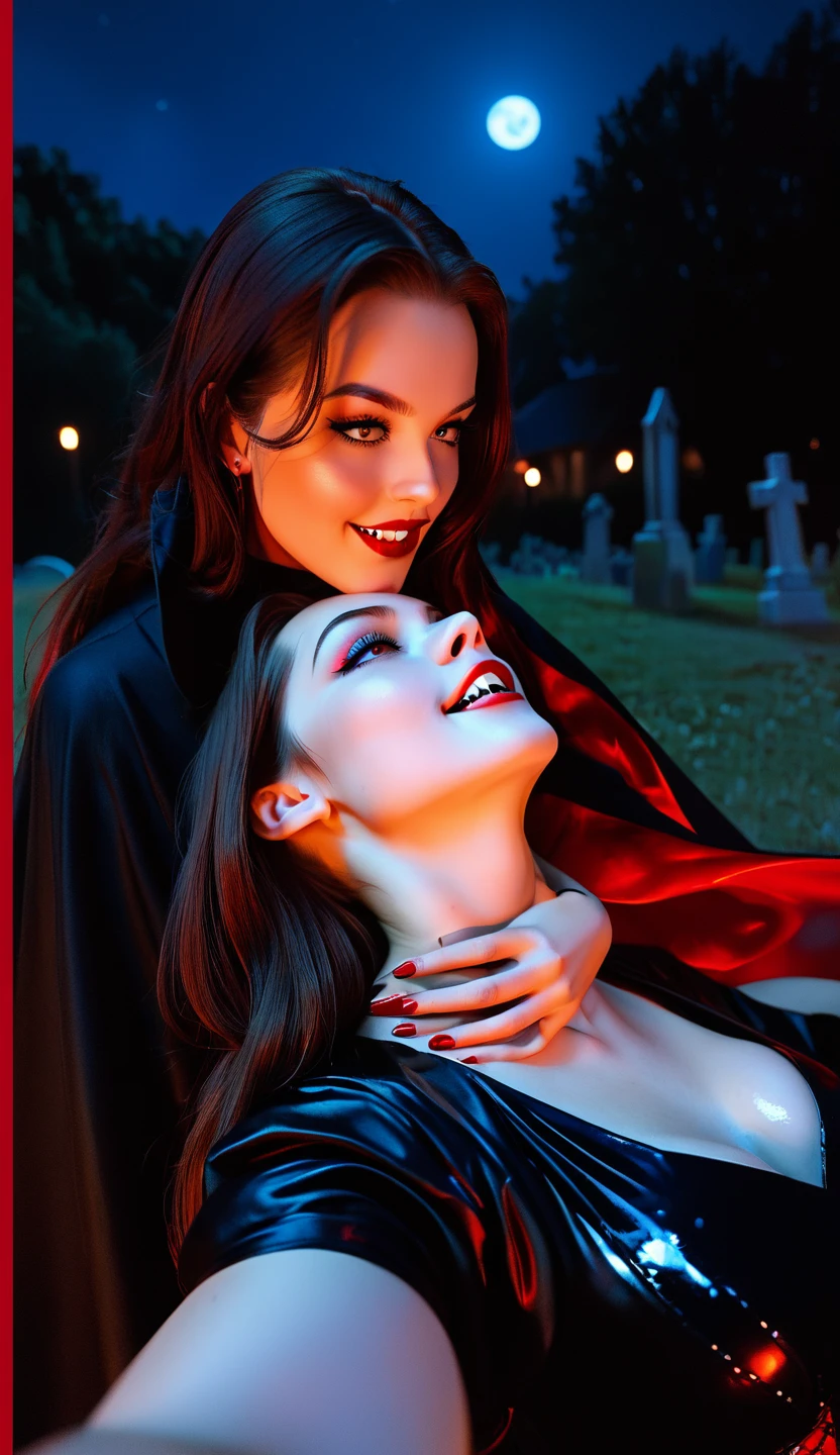 vampire teeth , ((((nighttime))) , 2girls,looking at each other in the eye, long hair , RAW photo, high quality, film grain,simple background, presenting, beautiful, (black and red lined satin cloak tied at the neck:1.20) , breasts, cum in pussy, big ass, ,standing cunnilingus,clothes lift,bottomless,  moonlit graveyard , (2girls,yuri), licking vagina, naked pussy