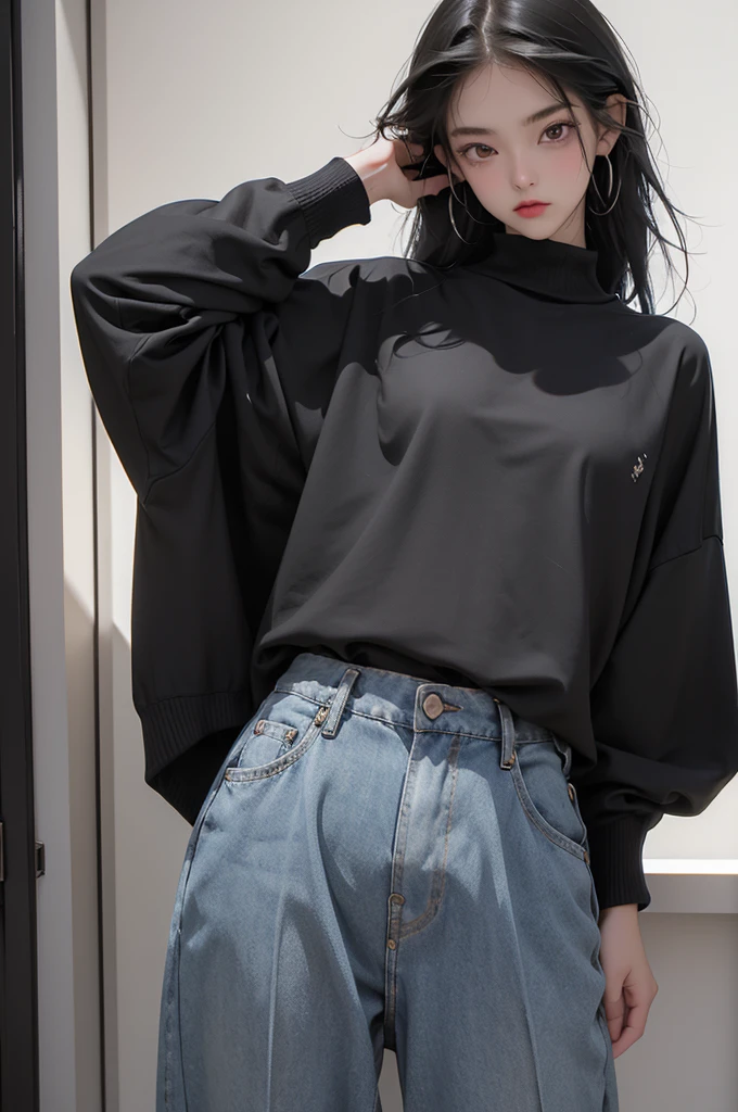 (best quality) (detail), 1 girl, thin, goth, black oversize sweater, baggy jeans, dark, piercing, black hair, straight hair