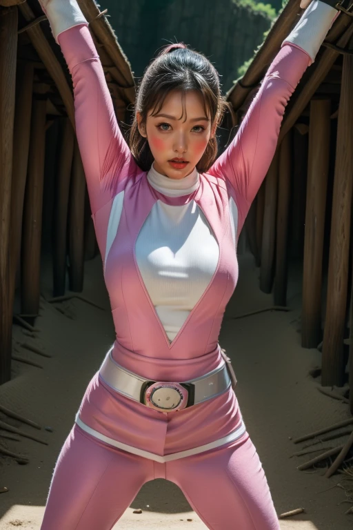 pink theme,pink ranger suit、curvy, big breats, full body, tied on Saint Andrew's cross in X position, screaming in pain, crying, eyes are closed tight