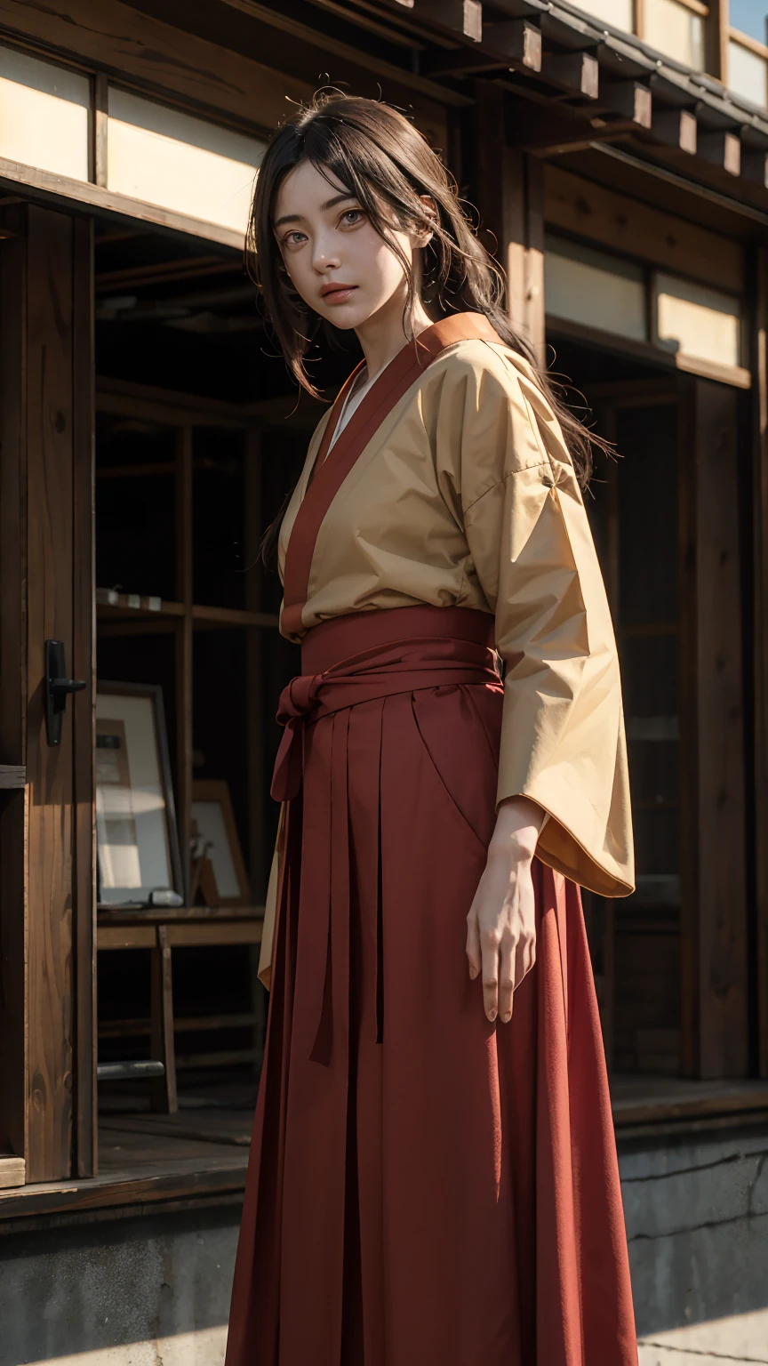 masterpiece, absurdity , (complex parts), (Colorful),Cinematic lighting,shot in the chest,чрезвычайно подробные обои CG Unity 8k ,Hyūga Hanabi, 1 girl, One, orange kimono, red hakama skirt, heart, wide sleeves, Looking at the viewer, closed mouth, wind,fighting stance, long hair, knotted low,