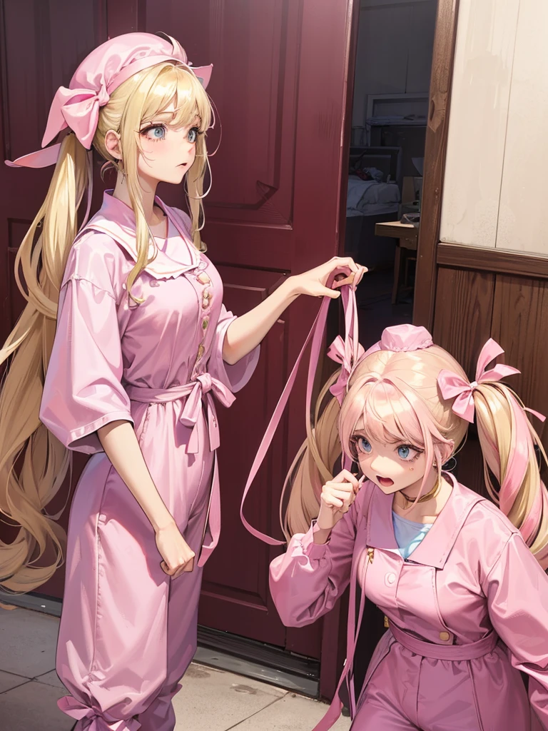 an adult woman, blonde with two pigtails with a bow each pink, pink jumpsuit dress, she has blue eyes, a pink hat on her head, she is upset in her room 