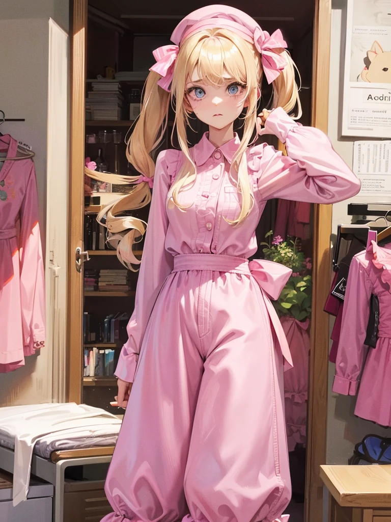 an adult woman, blonde with two pigtails with a bow each pink, pink jumpsuit dress, she has blue eyes, a pink hat on her head, she is upset in her room