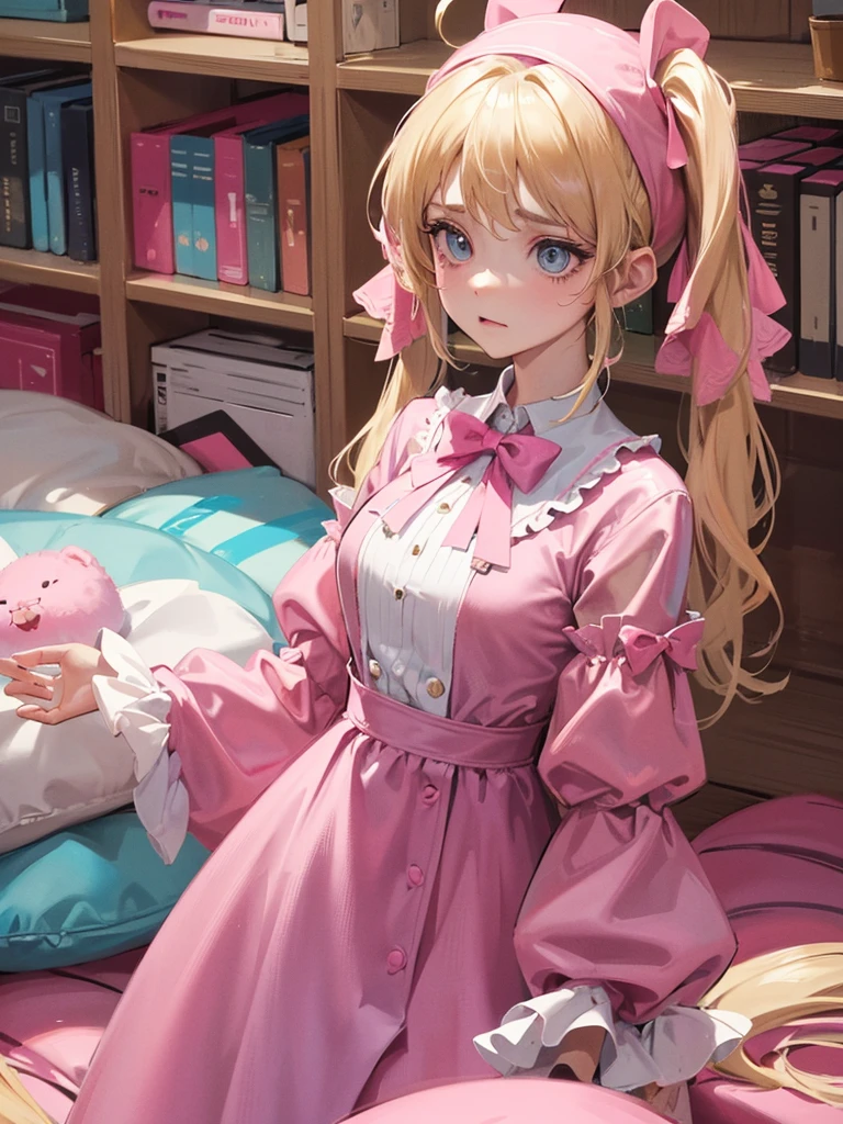 an adult woman, blonde with two pigtails with a bow each pink, pink jumpsuit dress, she has blue eyes, a pink hat on her head, she is upset in her room
