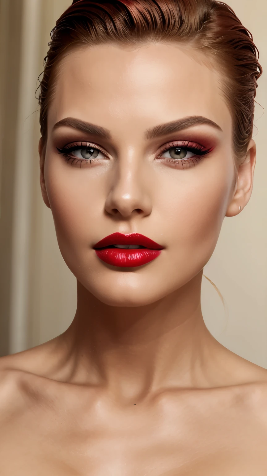 Red make-up, red lipstick, slicked back Blond hair, Detailed Face, Detailed Lips, Detailed Eyes,