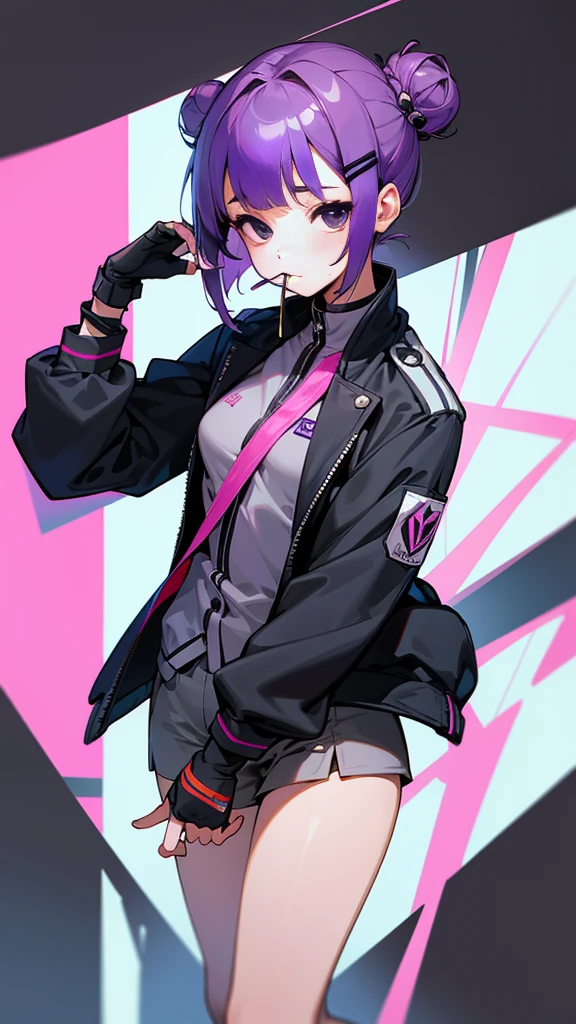 Top Quality, 8K, 4K, High Definition, Detail, (better-quality, 8K, 12), top-quality, 1 girl、purple short bob hair clip tied into a bun、black eyes、small breasts、uniform、gray jacket with pink line, fingerless gloves、thighs、Ilcha fousing on her, surprise face, having her handon her face, making cute expressing face. picture pose, she is standing up, she has a loil pop in her mouth, (she up close only showing face and her chest.)
