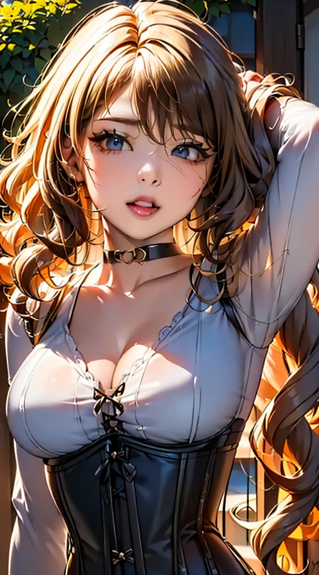 ((Long blonde hair:1.8, Curly hair on the outside, Bangs that hide one eye:2.0)), (Glowing purple eyes)beautiful, beautiful woman, Perfect Anatomy, hourglass figure:1.6, Perfect body, Perfect breasts, ((White clothes, corset, choker:1.6)), forest:1.6, Captivating Gaze, smile, realism, masterpiece, Rough skin , Very detailed, High detail, high quality, 最high quality, 1080P, 16K、(Brush your hair up:1.6)