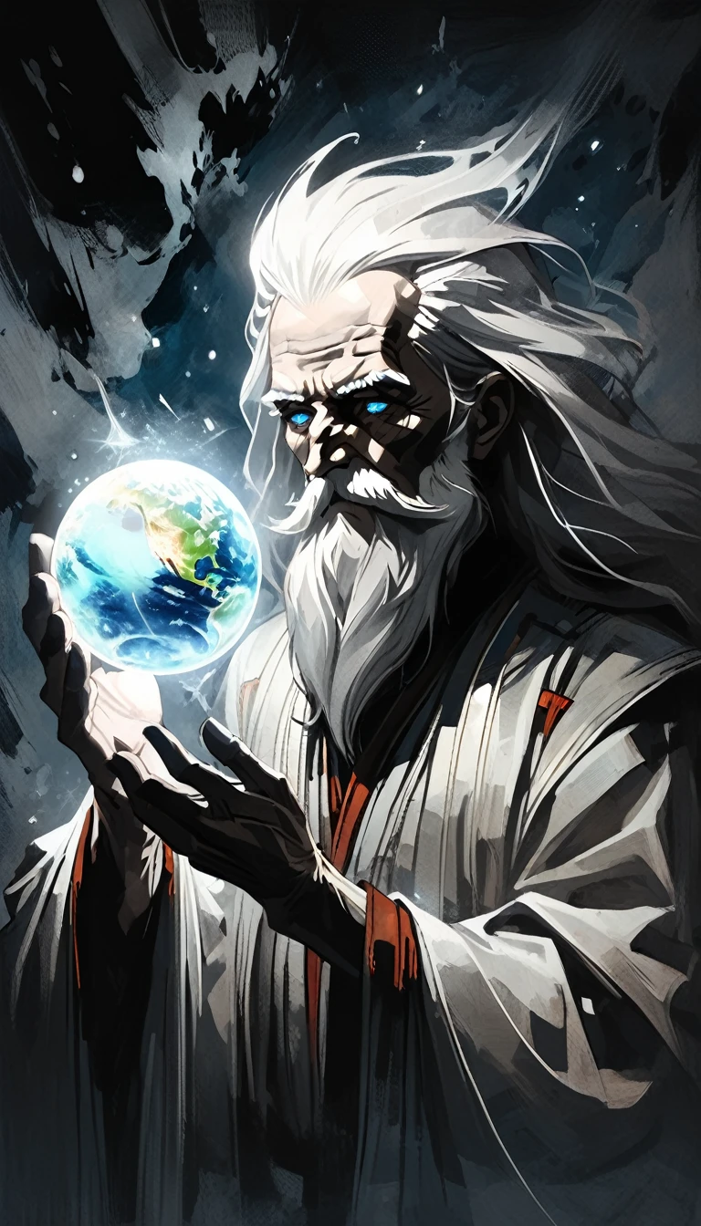 glow ball in hands,dark, dark atmosphere, deep shadow, shadow, spirit, Elderly Man holds in his hands the planet earth, outer space, vishai, a giant grandfather between whose hands is the earth, geometric composition, Elderly, [Nordic] anorexic , Long gray hair, Old white skin, Round glow blue eyes, Oval faces, anorexic small neck, Thin nude Lips, Bold Tapered gray Eyebrows, snub nose, Hunched Shoulders, Slim Thighs, anorexic Slim arms legs and breast, High Angled Cheekbones, Hollow Cheeks, Rounded Chin, Rounded Jawline, Attached Pointed ears, round forehead, Designer Stubble gray whiskers, triangular small gray hair beard, graphic style of novel comics,dark novel style, comic, 2d, 8k, hyperrealism, masterpiece, high resolution, best quality, ultra-detailed, super realistic, Hyperrealistic art, high-quality, ultra high res, highest detailed, lot of details, Extremely high-resolution details, incredibly lifelike, colourful, soft cinematic light,