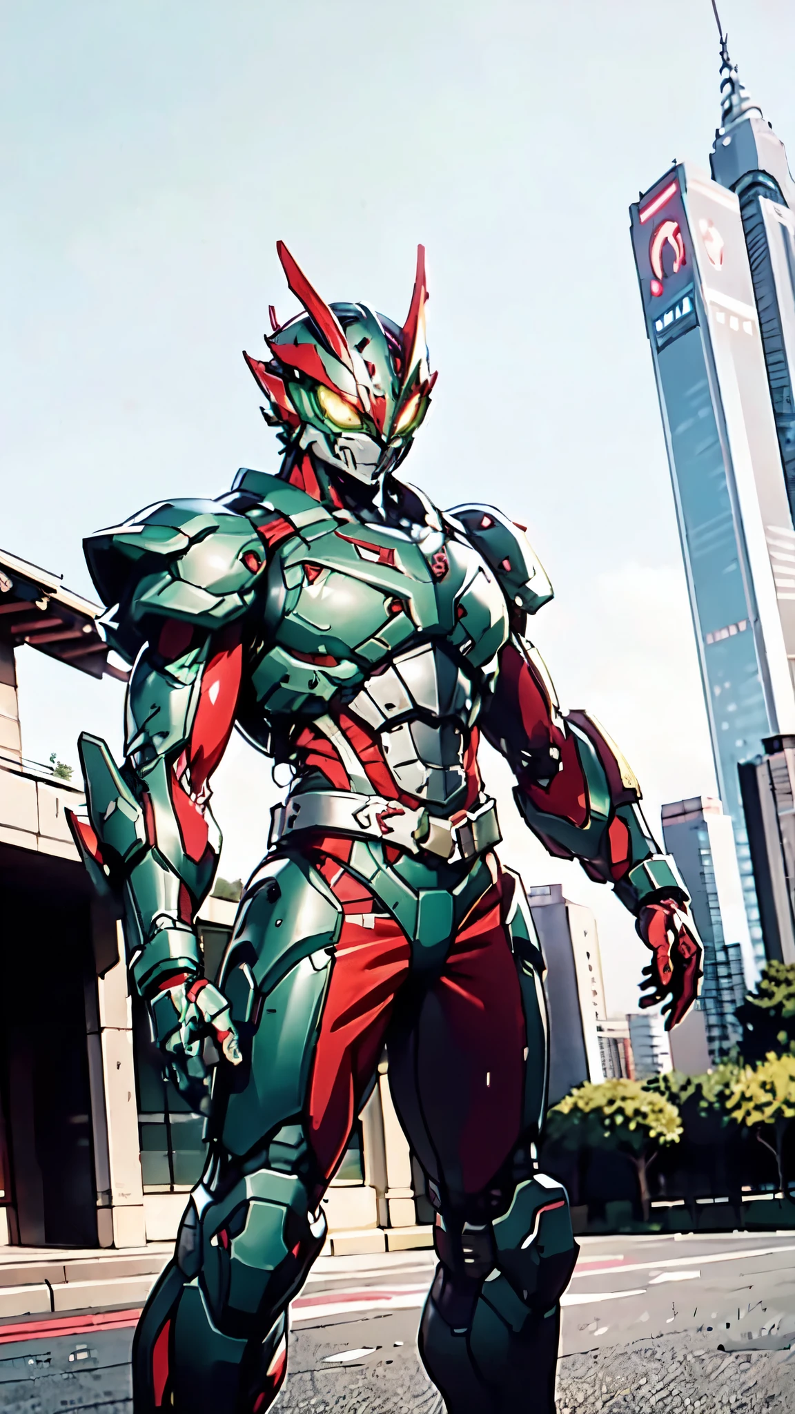 A man wearing a full-face helmet, a fantasy-style biotech armored combat suit, green eyes, (a composite layered chest armor), fully enclosed shoulder guards, matching arm and leg guards, the belt is adorned with dragon claw grasping orbs, (the color scheme is primarily black with red accents), the design balances heavy with agility, a high-tech bio-mecha armor, (Armor Concept Inspired by Dragons, stand on the top of a skyscraper in a futuristic sci-fi city), this character embodies a finely crafted fantasy-surreal style armored hero in anime style, exquisite and mature manga art style, (element, plasma, energy, the armor glows), ((male:1.5)), metallic, real texture material, dramatic, high definition, best quality, highres, ultra-detailed, ultra-fine painting, extremely delicate, professional, perfect body proportions, golden ratio, anatomically correct, symmetrical face, extremely detailed eyes and face, high quality eyes, creativity, RAW photo, UHD, 32k, Natural light, cinematic lighting, masterpiece-anatomy-perfect, masterpiece:1.5