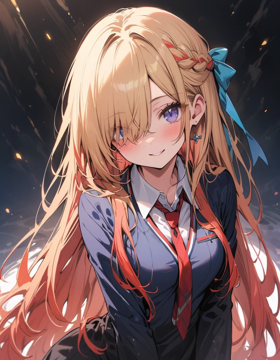 ((best quality)), ((masterpiece)), (detailed), perfect face,extra long hair,hair over one eye,half updo,skinny body, high school student,smaill