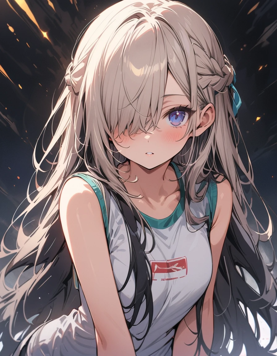 ((best quality)), ((masterpiece)), (detailed), perfect face,extra long hair,hair over one eye,half updo,skinny body, high school student,smaill