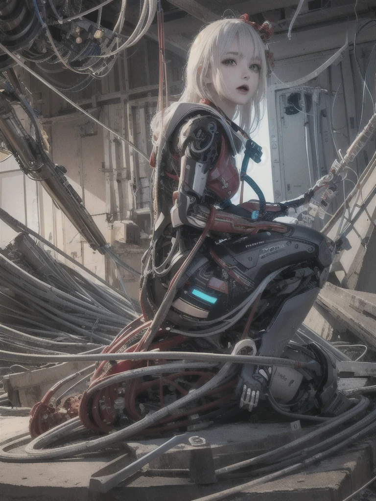 ((((masterpiece))), ((best quality))), ((ultra-detailed)), (CG illustration), ((an extremely delicate and beautiful)),(from side),cinematic light, ((1 mechanical girl)), single, full-body, (machine-made joint: 1.2), ( (mechanical limbs)), (blood vessels connected to tubes), (mechanical spine connected to back), ((mechanical cervical vertebrae attached to neck)), (sitting), forced laughter, (wires and cables around the neck: 1.2), (wires and cables on the head: 1.2) (character focus), sci-fi, extremely thin, colored, the finest white hair, red eyes, in battle, (knotted), (killing), (1 immortal)