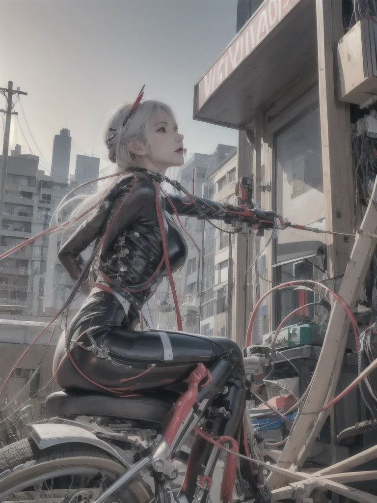 ((((masterpiece))), ((best quality))), ((ultra-detailed)), (CG illustration), ((an extremely delicate and beautiful)),(from side),cinematic light, ((1 mechanical girl)), single, full-body, (machine-made joint: 1.2), ( (mechanical limbs)), (blood vessels connected to tubes), (mechanical spine connected to back), ((mechanical cervical vertebrae attached to neck)), (sitting), forced laughter, (wires and cables around the neck: 1.2), (wires and cables on the head: 1.2) (character focus), sci-fi, extremely thin, colored, the finest white hair, red eyes, in battle, (knotted), (killing), (1 immortal)