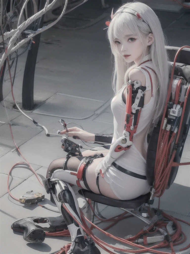 ((((masterpiece))), ((best quality))), ((ultra-detailed)), (CG illustration), ((an extremely delicate and beautiful)),(from side),cinematic light, ((1 mechanical girl)), single, full-body, (machine-made joint: 1.2), ( (mechanical limbs)), (blood vessels connected to tubes), (mechanical spine connected to back), ((mechanical cervical vertebrae attached to neck)), (sitting), forced laughter, (wires and cables around the neck: 1.2), (wires and cables on the head: 1.2) (character focus), sci-fi, extremely thin, colored, the finest white hair, red eyes, in battle, (knotted), (killing), (1 immortal)