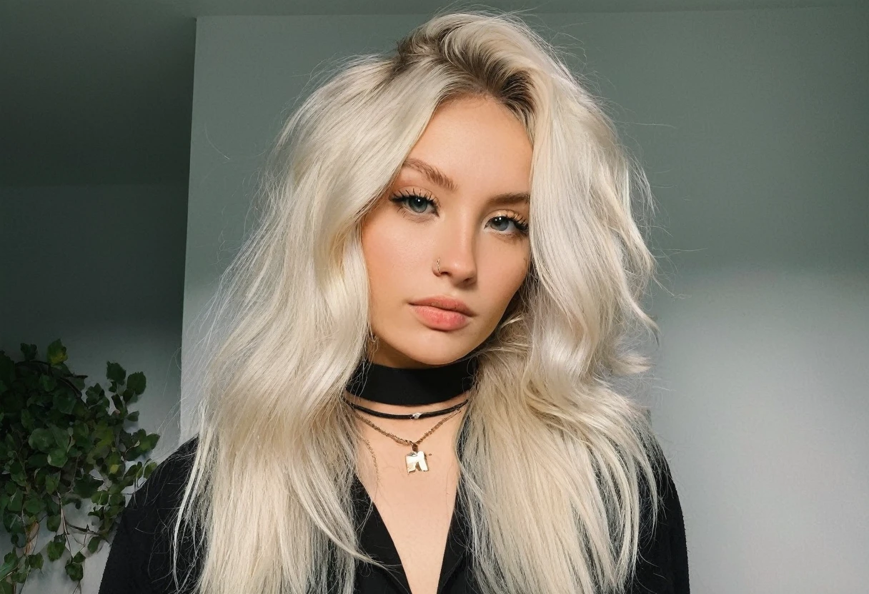 Глядя прямо в камеру, зернистость, текстура кожи, Instagram selжie oж a woman with long loose blonde hair wearing a choker,evening жorrest in the background,ж/1.8, (((horror)))