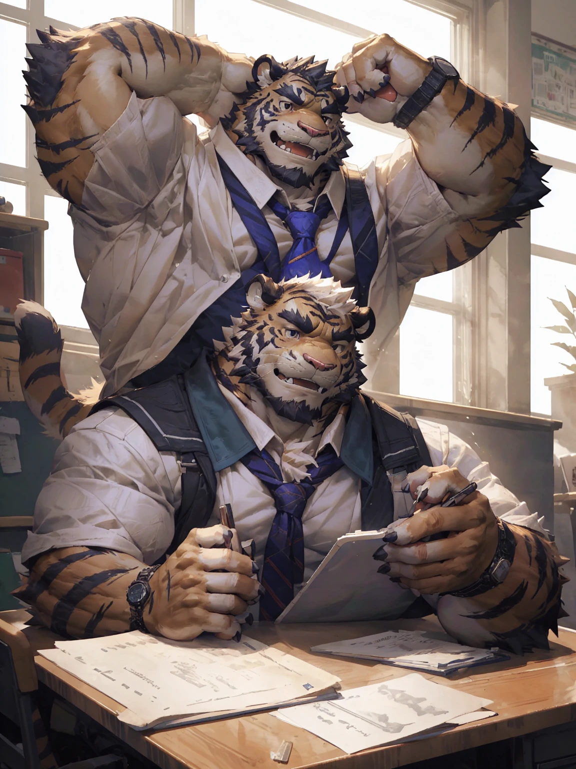 furry character，A very tall and strong tiger，His fur is white，He is a high school student，He's wearing a school uniform，He is listening to a lecture in the classroom，His hands were resting on the desk and supporting his head，He has a sunny and cheerful appearance，(black eyes:1.5)，by null-ghost，by lindong