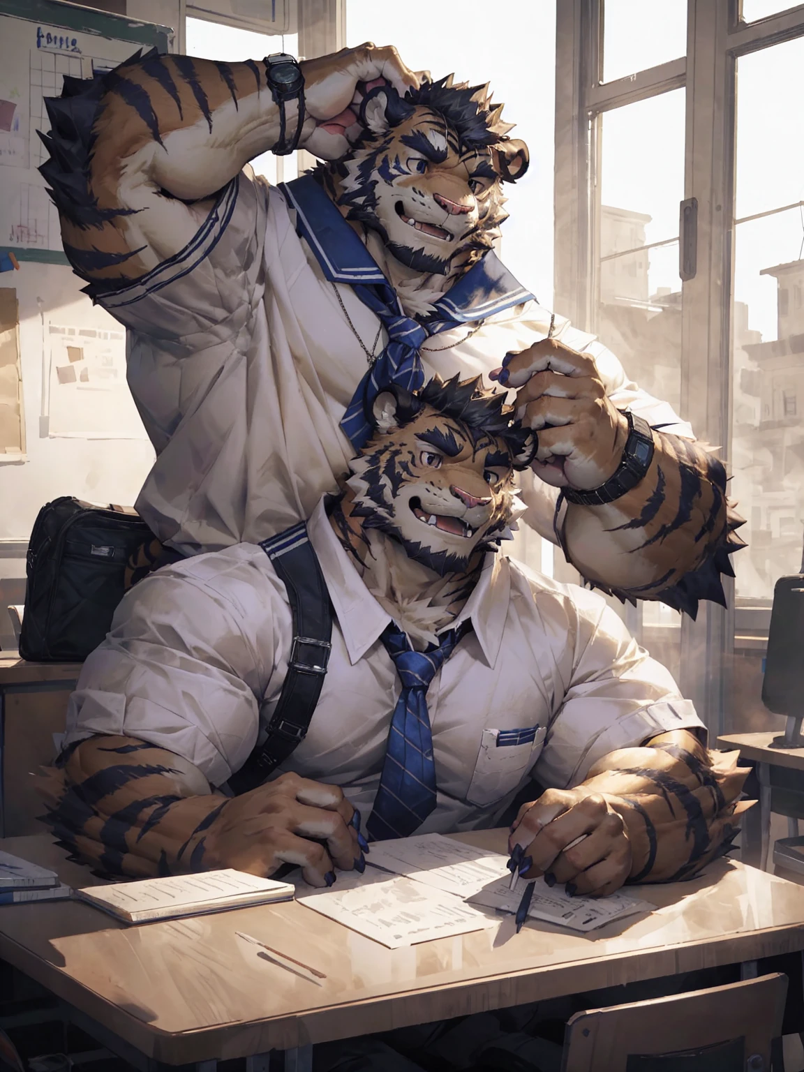 furry character，A very tall and strong tiger，His fur is white，He is a high school student，He's wearing a school uniform，He is listening to a lecture in the classroom，His hands were resting on the desk and supporting his head，He has a sunny and cheerful appearance，(black eyes:1.5)，by null-ghost，by lindong