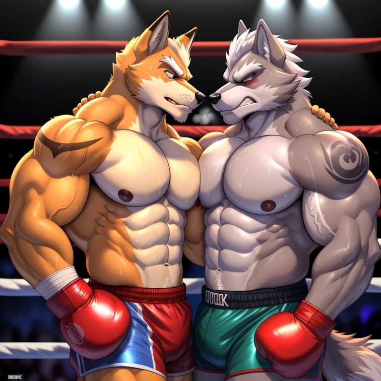 Duo male(Fox Mcloud vs Wolf O'donnell, handsomes, Thick eyebrows), gay(Necks embraced, cuddling, hot abs frottage, face to face, on a boxing match), hot(Shirtless), handsomes(They are handsomes, correct anatomy), musculosos(Big muscle bodies, Six packs, muscle abs, big pecs, muscle backs, muscle legs), sweaty(very sweaty wet bodies, shiny sweat), tatuajes(they have tattoos), Grumpy(Both have an grumpy expression, growling, grumpy teeths, steaming breath), Boxing gloves(They both are wearing red boxing gloves), boxing shorts(They both are wearing boxing shorts), Hight resolution, by(Zourik:1.1) 