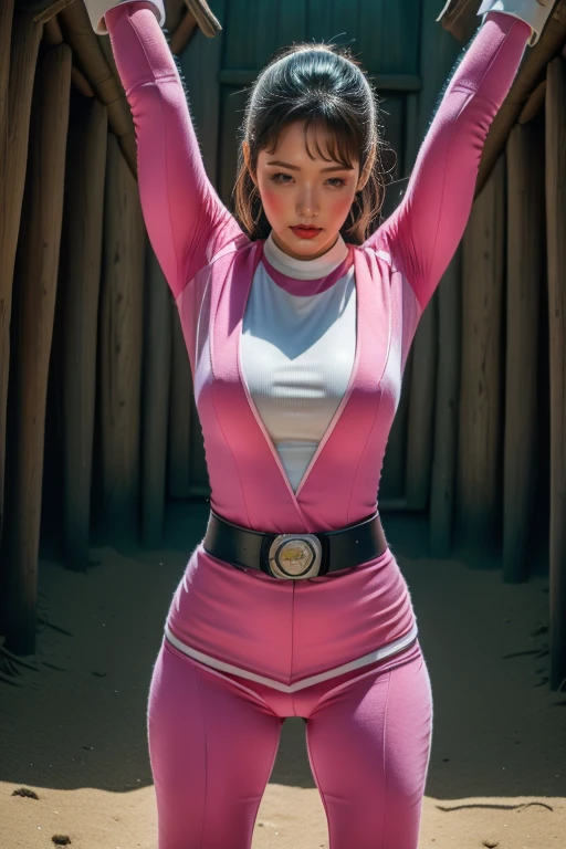 pink theme，pink ranger suit、curvy, big breats, full body, tied on Saint Andrew's cross in X position, screaming in pain, crying, eyes are closed tight