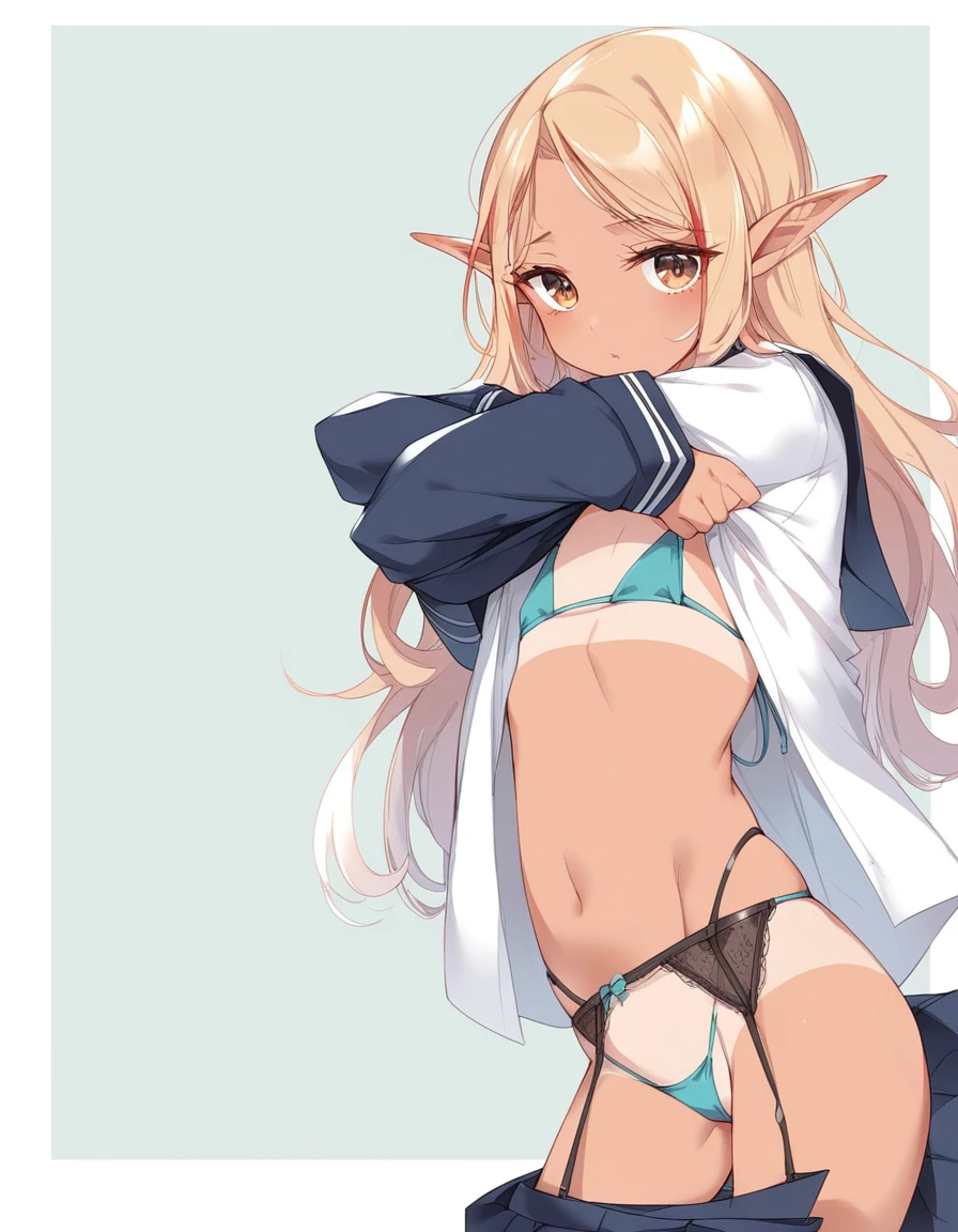 BREAK Perfect Anatomy、(High resolution:1.2)、Incredible illustrations、(Cute illustrations:1.2)、(Beautiful background)(nsfw) (Beautiful background,(on the couch))1gial((multicolored hair,wavy long hair)(cockslut)(school uniform,skirt,SILKthong,slut,garter straps,,pointy ears,bikini tan:1.7),(a girl, height 1.5meters, 40kg),,17-year-old,flat chest)((undressing,open clothes,oversized clothes))