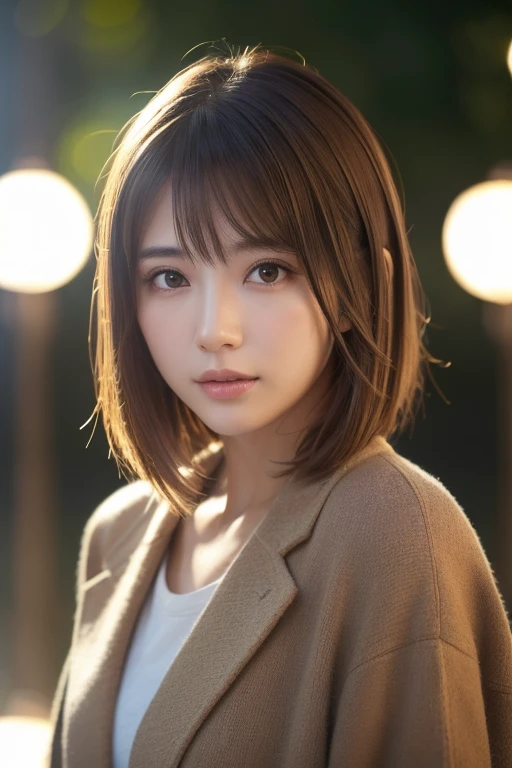 (highest quality,masterpiece:1.3,A high resolution,),(Very detailed,Caustics),(Photorealistic:1.4,RAW shooting,)Ultra-Realistic Capture,Very detailed,High resolution 16K suitable for human skin、 Natural skin texture、、Skin tone is even and healthy looking、 Use natural light and color,One Woman,Japanese,,cute,brown hair,Middle Hair,(Written boundary depth、chromatic aberration、、Wide range of lighting、Natural Shading、)、(outdoor lights at night:1.4)、(Hair swaying in the wind:1)、short hair、Outward flicked edge

