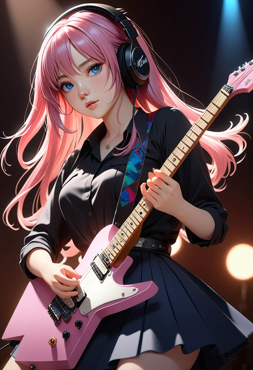 1girl, ((Movie Light)) Colorful, super detailed. incredible light complicated details Best quality (8k uniform CG wallpapers, very detailed, masterpieces, best quality Awesome details Best shadow) (Background detail: 1.4) (Beautifully detailed face Eyes with beautiful details) High contrast (best lighting Extremely delicate beauty) (Girl: 1.5) Solo, black dress, blue eyes, electric guitar, guitar, headphones, holding, holding a pick, musical instrument, long hair, music, upturned pink hair, playing the guitar Pleated skirt, black shirt, interior ((corrosive)), dynamic angles, beautiful details that shine, full body, jeans lenses,(((black background)))